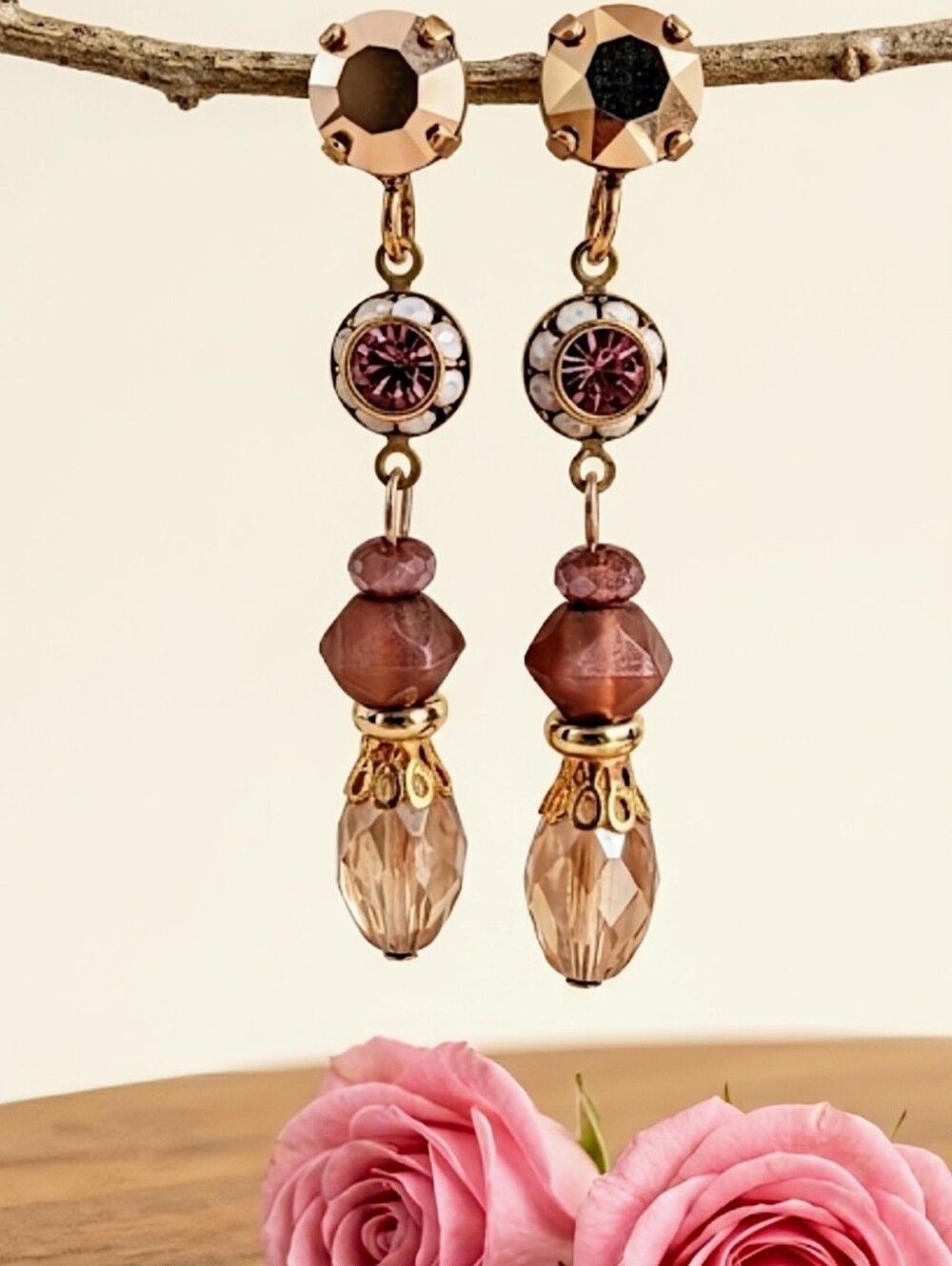 Victorian Pink Opal & Swarovski Crystal Pink Flowers In Gold Plated Earrings